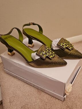 Olive Green Embellished Pointed Slingback Heels